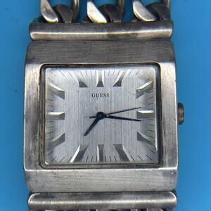 Distressed Guess Women's Silver Toned Heavy Metal Bracelet Band Analog Watch